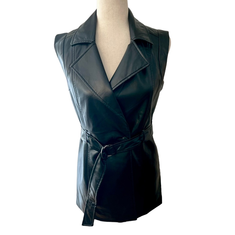 T Tahari Vegan Leather Trench Belted Vest